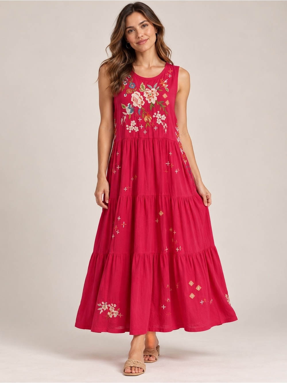 Johnny Was Raspberry Pink Sleeveless Embroidered Tiered Maxi Dress